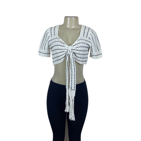 & Other Stories Womens White/Black Crochet Crop Top Tie Front Short Sleeve Sz S - Picture 1 of 6
